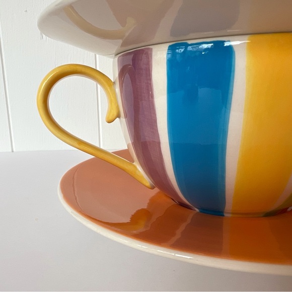 Vintage Hand Painted Cabana Stripes Cup & Saucer Set of 2 Canhome Thailand - Picture 7 of 13